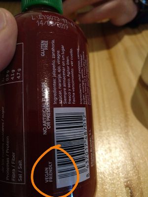 Even this sriracha-style sauce is labelled as vegan at Makau Poke in Madrid