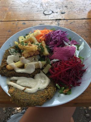 Lentil and bean medallions  at Cocina con Vida in El Bolson