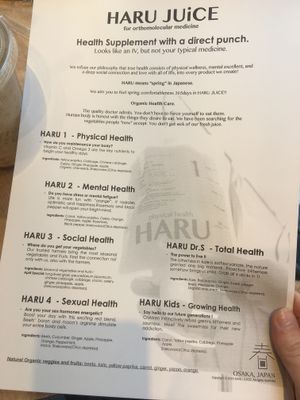 English menu  at Haru Juice in Osaka