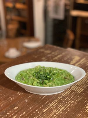 Organic brown rice risotto with spunach purée  at Rosy in Tokyo