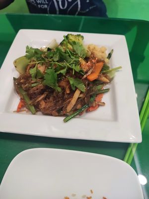 Stir fry glass noodles with vegan chicken at Thanh Tinh Chay in San Diego