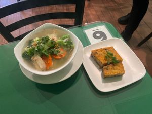 Vegetable Garlic soup with side of tofu meatloaf!  at Thanh Tinh Chay in San Diego