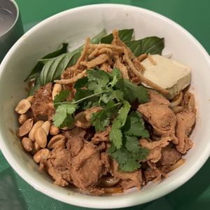 dried pho noodles (#171) with crispy chicken  at Thanh Tinh Chay in San Diego