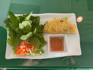 VEGAN CREPE w/Broccoli and onions and mint leaves 🍃, lettuce 🥬 and carrots 🥕   at Thanh Tinh Chay in San Diego