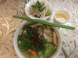 Tasty noodle soup with tofu  at Thanh Tinh Chay in San Diego