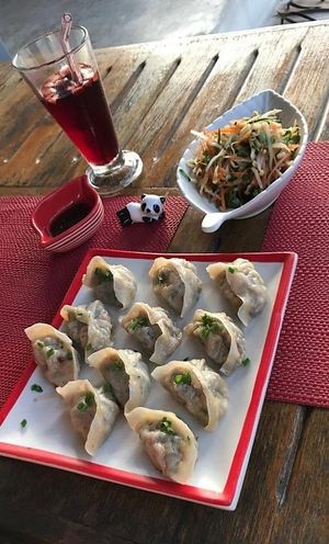 Tasty vegan mushroom dumplings, iced rosella tea, delicious mixed sprout salad at Stuffed in Koh Tao