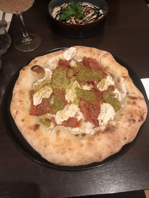 The pistachio pizza with ricotta filled crust    at Utopia in Nice