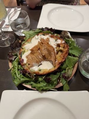 Vegan speck, Parmesan sauce on a courgette fritter: larger than I was expecting for a starter!  at Utopia in Nice