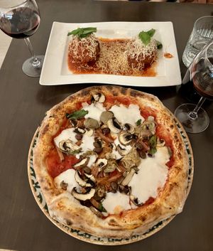 Arancini Balls and Capricciosa pizza  at Utopia in Nice