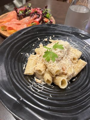Vegan Carbonara with vegan bacon   at Utopia in Nice