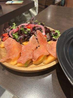 Melon starter with homemade vegan salmon   at Utopia in Nice