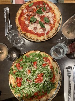 Diavola (top) and primavera (bottom) pizzas  at Utopia in Nice