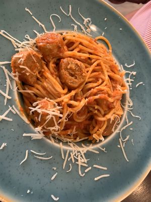 Spaghetti bolognese with beyond meat sausages  at Utopia in Nice