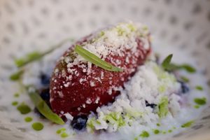 Sorbet of blackcurrant with oat milk cream, tarragon & yogurt  at ubat veggie in Aalborg