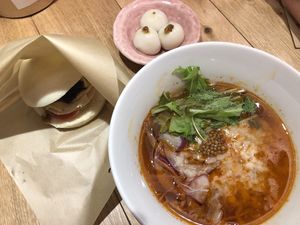Spicy ramen with soy cheese and rice bun plus dessert set at Chipoon in Tokyo