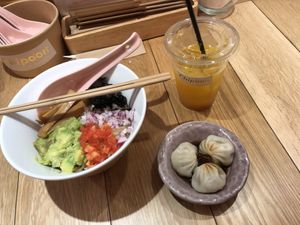 Avocado bowl, mango juice, veggie dumplings at Chipoon in Tokyo