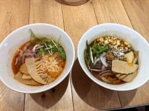 Left is Spicy Dan Dan, and right is Black Sesame Dan Dan at Chipoon in Tokyo