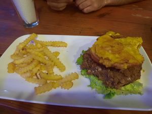 The hamburger from lentil and onion, very nice at La Morena in Taganga