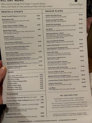 Menu. Ve options marked   at Cinnamon Bazaar in London