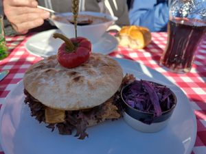 Vegan sandwich with marinated soya chunks, salad, tomato and pickled red cabbage at Arlberg Thaja in St Anton Am Arlberg