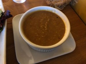 Cup of lentil soup at Stuff I Eat in Inglewood