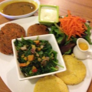 Carrot Croquettes with Polenta, Spinach, and Side Salad at Stuff I Eat in Inglewood