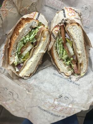 Doowop  sandwich (a marketplace exclusive) on dutch crunch bread with vegan turkey, vegan cheese, yellow bbq, onions, vegan dirty sauce and pickles! at Ike's - 9000 Ming in Bakersfield