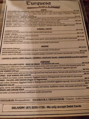 The menu at Turquesa Comida Arabe in Bonito