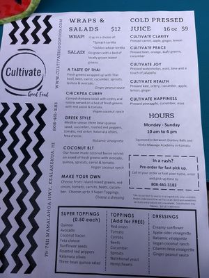 Menu at Cultivate Good Food in Kealakekua