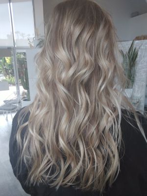 •Bleach Free Blonde Balayage 
•Beach Waves  at Verte Salon & Scalp Spa in San Diego