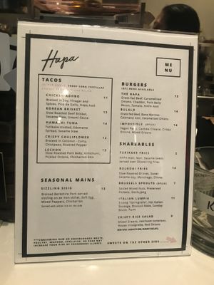 Menu as of 5/3/19 at Decadent Ales + Hapa in Mamaroneck