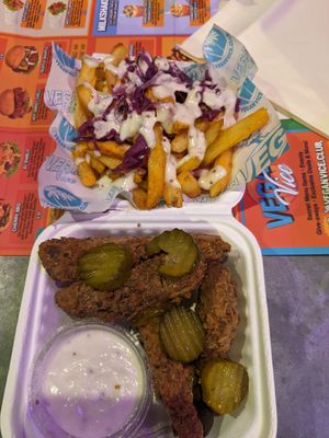 Chicken strips and chips at Vegan Vice in Cambridge