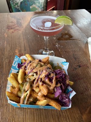 GF loaded fries & rhubarb cocktail   at Vegan Vice in Cambridge