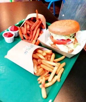 'chicken' burger, fries and sweet potato fries at Vegan Vice in Cambridge