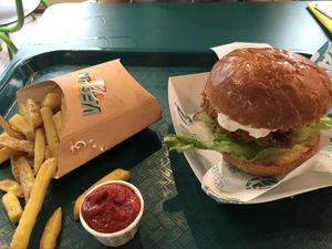 The tendercrop with skin on fries at Vegan Vice in Cambridge