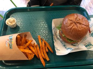 Vegan vice burger with sweet potato fries at Vegan Vice in Cambridge