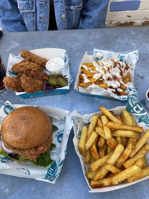 Vegan wings, ‘chicken’ burger, truffle loaded fries & plain fries  at Vegan Vice in Cambridge
