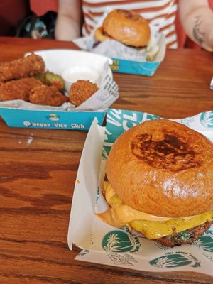 Bacon cheese burger, chicken strips and cherry bbq burger at Vegan Vice in Cambridge