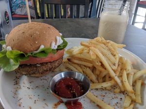 Lentil mushroom burger and banana shake.  #Veganuary at El Punto Vegano in Catano
