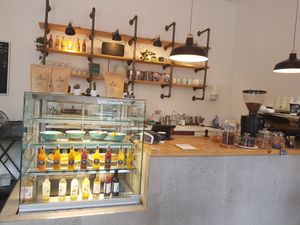 Selection of justices, coffee, tea, so far meagre vegan selection in terms of food, hopefully changing soon (I'm working on it). at Bloom in Luxembourg City