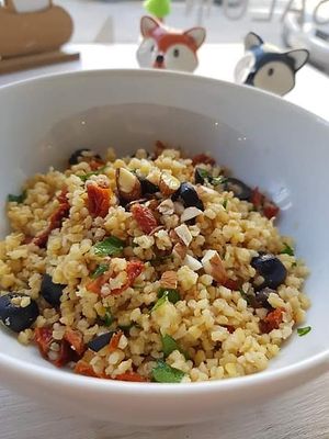 Boulgour salad with dried tomatoes, olives and almonds at Foxy Factory in Villefranche-sur-saone