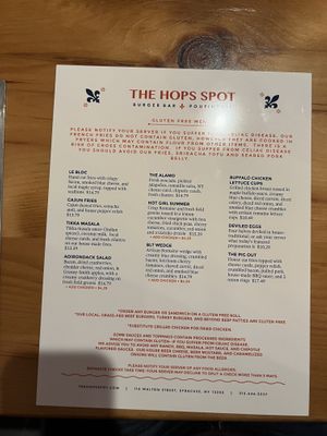 GF menu  at The Hops Spot in Syracuse