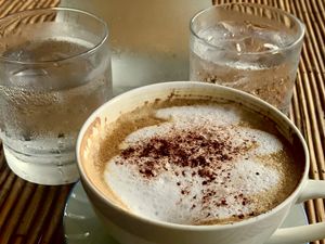 Latte with coconut milk. at Papa's  in Kampot