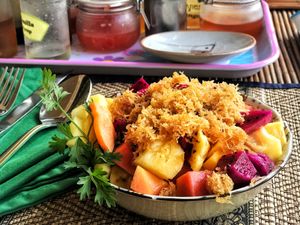 Fresh Fruit and homemade coconut sugar. at Papa's  in Kampot