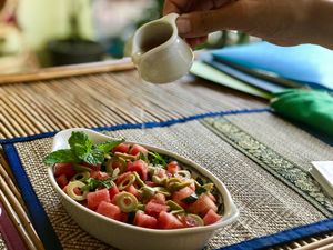 watermelon, olive, basil salad with fresh lime dressing at Papa's  in Kampot