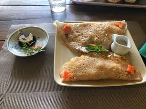 Vegan pancake with banana pineapple and papaya  at Papa's  in Kampot