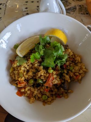 Vegan paella (daily special) at Mad Hatterz in Yungaburra