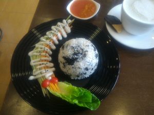 Nori rice with Matcha soya latte at LN Fortunate Coffee in Pekanbaru