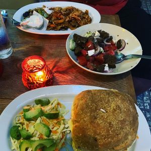 Two entrees and the appetizer: tex-mex entree and Tex-mex burger; plus Greek salad. ALL VeGAN! at The Others in Athens
