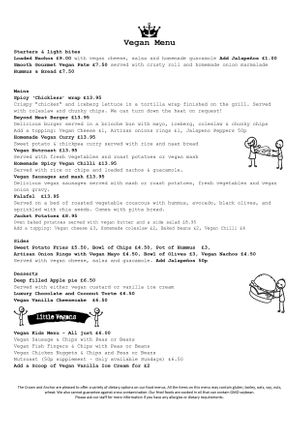 Vegan menu 2023 at The Crown and Anchor in Eastbourne